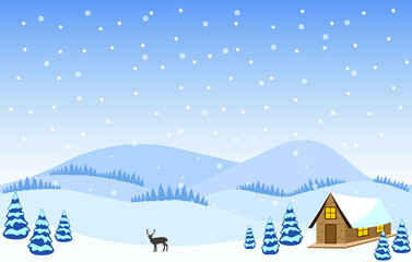 Vector illustration: Cartoon Winter christmas landscape Winter landscape background. Natural scenery - Vector illustration