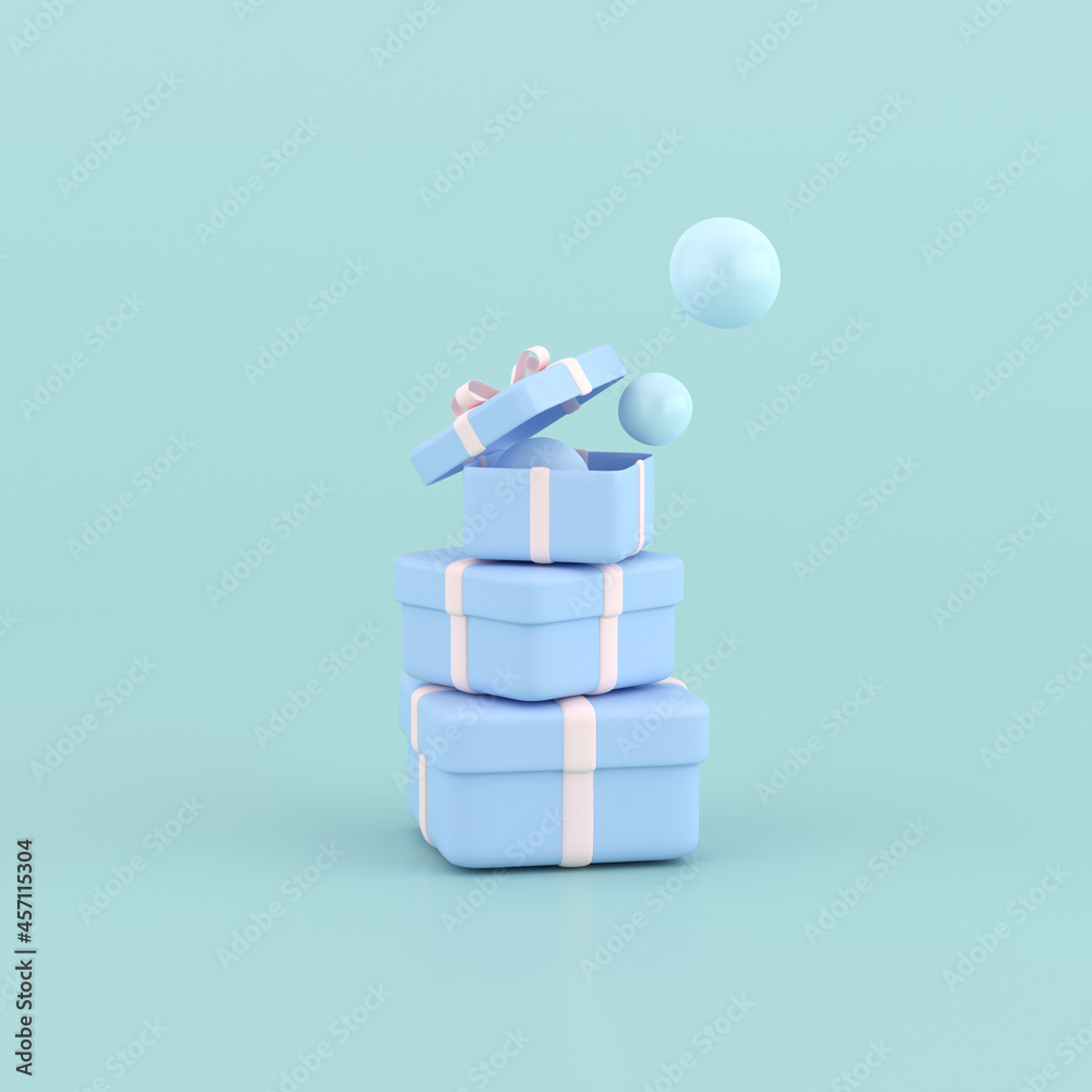 Poster 3D rendering of round gift box and balloons. Minimal concept.