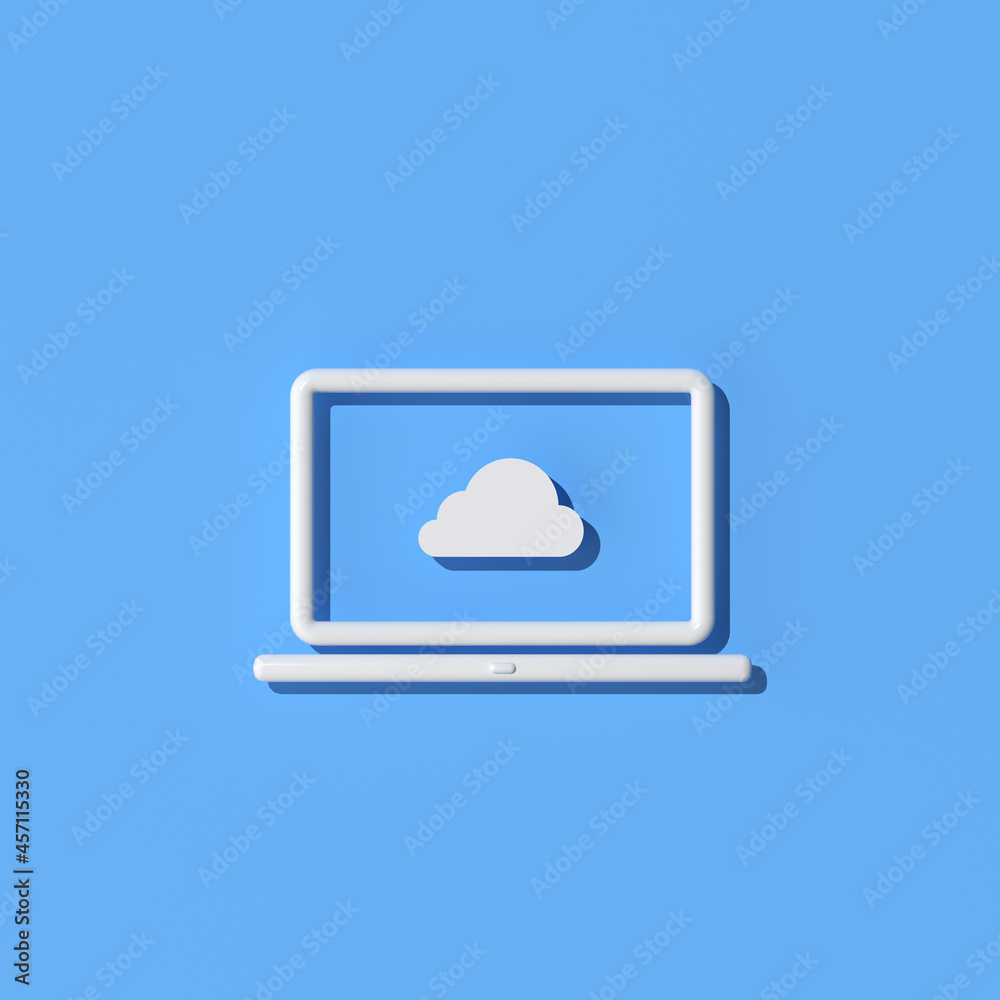 Poster illustration of laptop with cloud computing icon on blue background, outline style, 3d rendering.