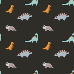Vector seamless childish pattern with colorful dinosaurs. Baby background for nursery, wrapping paper, fabric, textile. Funny little dinosaur.