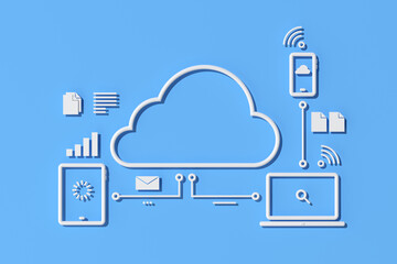 Illustration of cloud computing concept design, Outline style. 3d rendering.