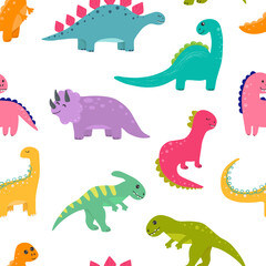 Vector seamless childish pattern with colorful dinosaurs. Baby background for nursery, wrapping paper, fabric, textile. Funny little dinosaur.
