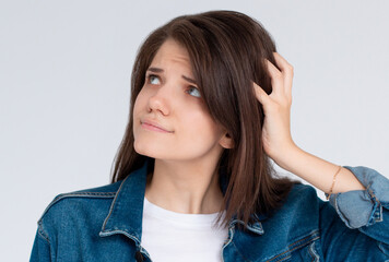 Thoughtful confused and dizzy european woman, Girl face expression feeling worry messy problems on...