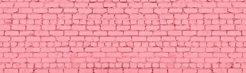 Pastel pink painted old rough brick wall wide panoramic texture. Shabby brickwork masonry panorama....