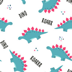 Vector seamless childish pattern with colorful dinosaurs. Baby background for nursery, wrapping paper, fabric, textile. Funny little dinosaur.