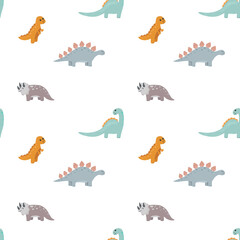Vector seamless childish pattern with colorful dinosaurs. Baby background for nursery, wrapping paper, fabric, textile. Funny little dinosaur.
