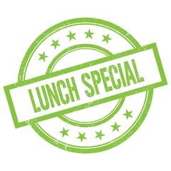 LUNCH SPECIAL text written on green vintage stamp.