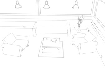 Interior outline with armchairs, sofa and table. Guest room for relaxation. Vector illustration