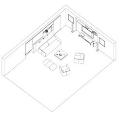 Interior outline with armchairs, sofa and table. Guest room for relaxation. Isometric view. Vector illustration