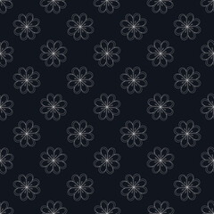 Seamless pattern of an off white floral outline on a dark blue-black background.
