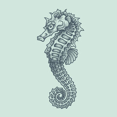 Sea horse. Vector illustration in engraving technique of sea horse.