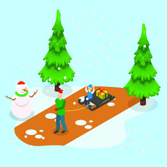 Father with boy ride on sleigh carrying a christmas gift 3d isometric vector illustration concept for banner, website, landing page, ads, flyer