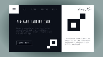 Yin yan landing page template black and white design. Simple, conceptual, modern.