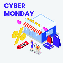 Woman pushing shopping cart on Cyber Monday 3d isometric vector illustration concept for banner, website, landing page, ads, flyer