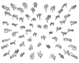 Wireframes of people go, stand in different poses isolated on white background. View from above. 3D. Vector illustration