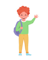 Boy with backpack going to the school. Boy smiling and waving hand. Elementary school student. Vector illustration