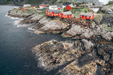 Amazing nature view with fjord and houses. Location: Scandinavian Mountains, Norway. Artistic picture. Beauty world.
