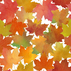 Naklejka na ściany i meble Autumn gold, orange, red, yellow maple leaves seamless allover pattern. Watercolor fall foliage botanical illustration
