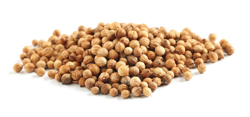 Heap of dried coriander seeds on white background