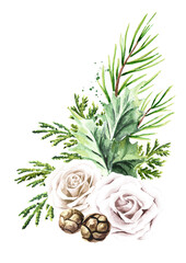Obraz premium Winter wedding bouquet. Hand drawn watercolor illustration isolated on white background