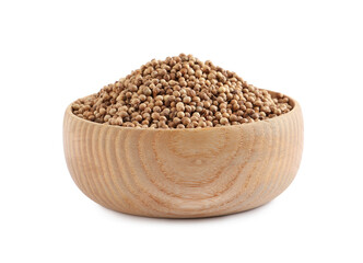Dried coriander seeds in wooden bowl on white background