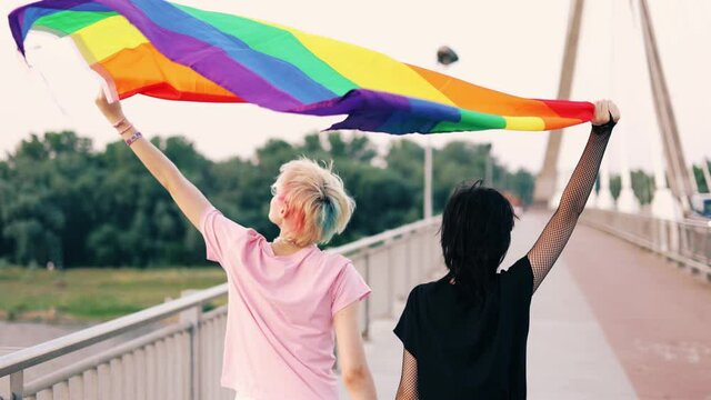 Portrait of happy non-binary couple waving rainbow flag
