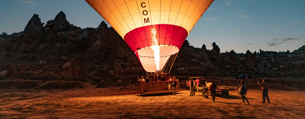 Cappadocia, Turkey - September 1, 2021 - Cappadocia Panoramic - Preparations for the Hot air...