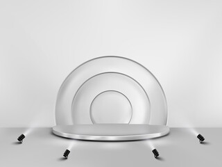 Abstract background with a pedestal. 3d vector stage with spotlights. Podium for show