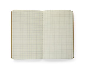 Stylish open notebook with blank sheets isolated on white, top view