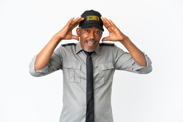 Senior staff man isolated on white background with surprise expression