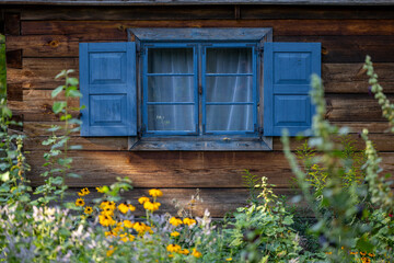 Old, wooden, blue painted window with shutters in a country house made of logs, a window overlooking a beautiful blooming garden - Warmia and Masuria, Poland