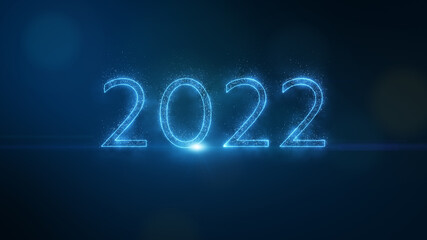 Happy New Year 2022. Number 2022 form by glow blue sparkling sparklers particle and glow neon light, copy space for text.