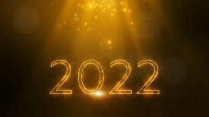 Happy New Year 2022. Number 2022 form by gold sparkling sparklers star particle and glow light, flying snow flake particles in light beams. 