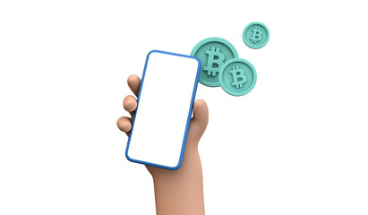 Bitcoin online cryptocurrency trading and payment concept. Person holding a smartphone with blank screen with bitcoin coins. 3D Rendering