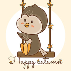 Happy bird on a swing with leaves Happy autumn image
