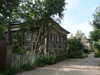 Nizhny Novgorod, Russia. March 10, 2019. Old one-story wooden house.