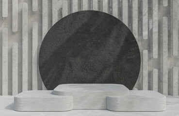Concrete podium for product presentation and black rock circle on concrete wall background minimal style.,3d model and illustration.