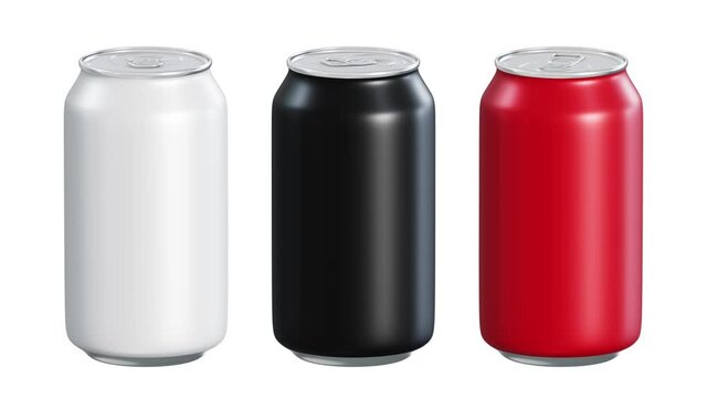 Realistic seamless looping 3D animation of the spinning matte white, black and red blank alcohol or soft drink tin cans rendered in UHD with alpha matte
