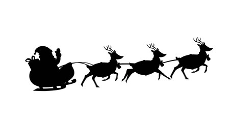 Digital image of black silhouette of santa claus in sleigh being pulled by reindeers