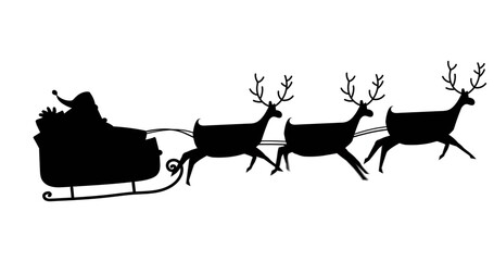 Digital image of black silhouette of santa claus in sleigh being pulled by reindeers
