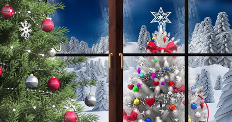 Image of winter scenery landscape seen through window and decorated christmas tree on blue backg