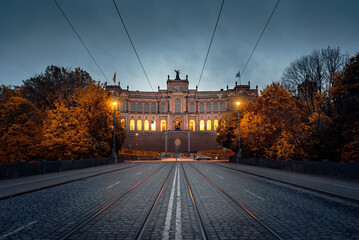 Maximilianeum -  seat of the  Bavarian State Parliament - at night - Munich, Bavaria, Germany. - obrazy, fototapety, plakaty