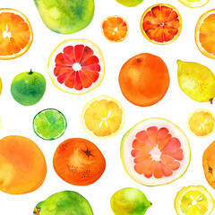 Watercolor citrus seamless pattern: orange, lemon, lime, grapefruit, bitter orange, mandarin, pomelo fruits