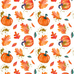 Colorful hand dawn autumn leaves with pumpkins on white background. Thanksgiving seamless pattern, fall textures