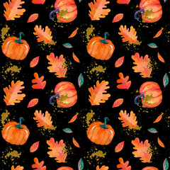 Colorful hand dawn autumn leaves with pumpkins on white background. Thanksgiving seamless pattern, fall textures
