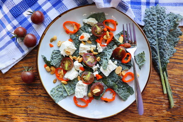 Healthy vegetarian salad with goat cheese, tomato, pepper, kale. Top view