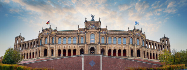 Panoramic view of Maximilianeum - seat of the Bavarian State Parliament - at sunset - Munich, Bavaria, Germany