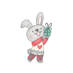 Watercolor character - cute bunny in cozy pajamas, with gift in hand. Christmas illustration isolated on a white background.