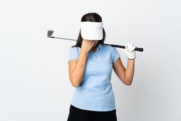 Young golfer woman over isolated white background with tired and sick expression