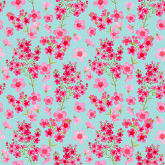 Obraz na płótnie Canvas Pink petals of Wax flower blossom seamless pattern illustration, watercolor flora painting